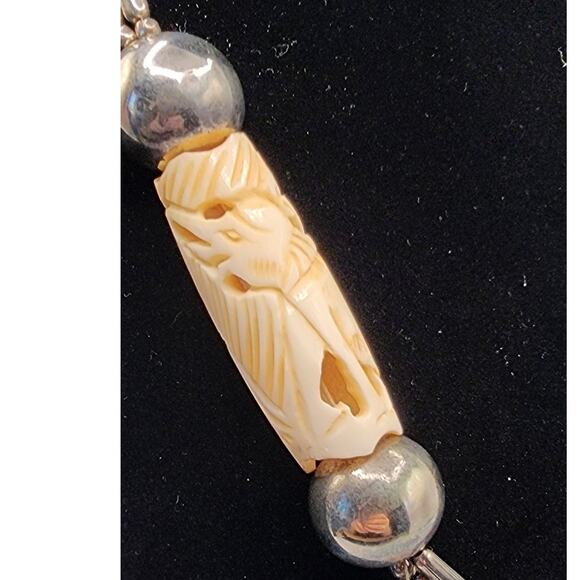 Tribal Necklace Bovine Hairpipe Beads Wood Metal Carved Lion Attacking Elephant - Picture 3 of 7